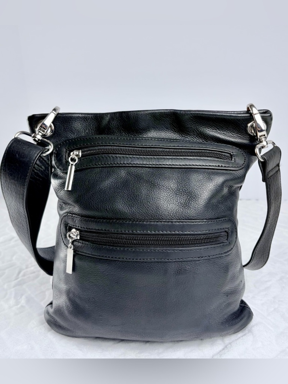 margot Black Leather Biker Vibe Crossbody Bag with Silver Hardware